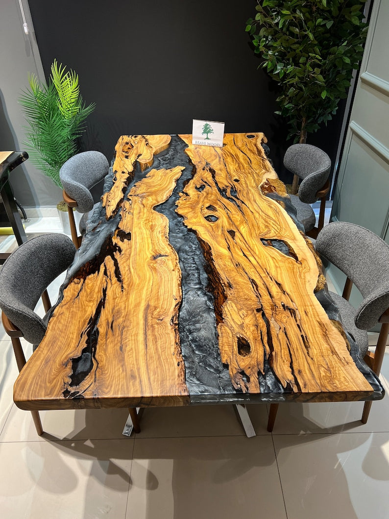 Custom live edge epoxy resin table, Dark gray metallic epoxy table, Dining room table, Epoxy table Living room table, Olive tree epoxy,Table