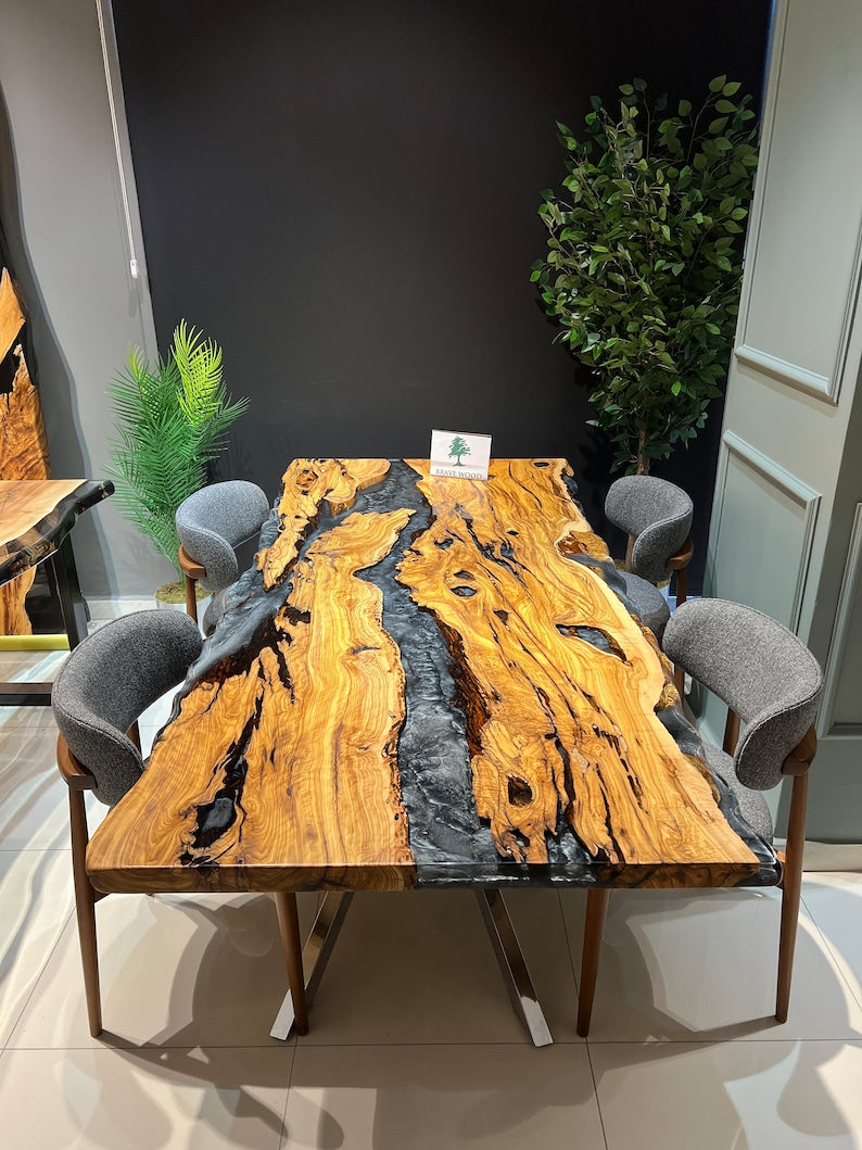 Custom live edge epoxy resin table, Dark gray metallic epoxy table, Dining room table, Epoxy table Living room table, Olive tree epoxy,Table