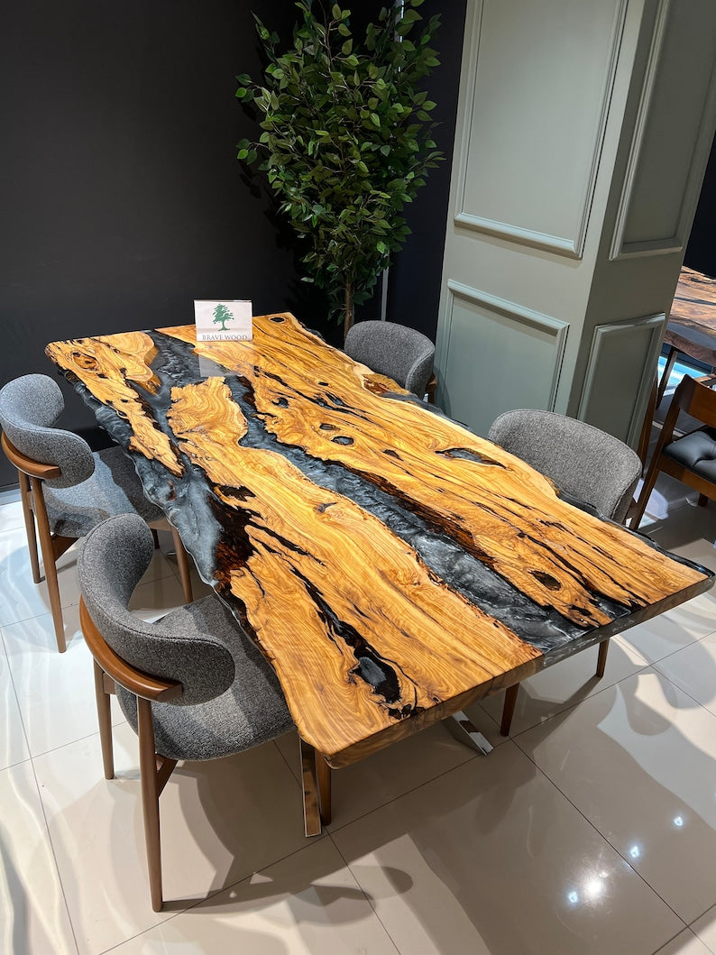 Custom live edge epoxy resin table, Dark gray metallic epoxy table, Dining room table, Epoxy table Living room table, Olive tree epoxy,Table