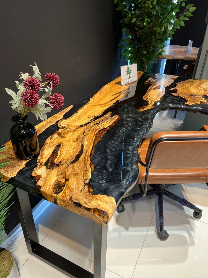 Epoxy work table, Desk, Olive wood epoxy work table, Metallic epoxy desk, Office desk