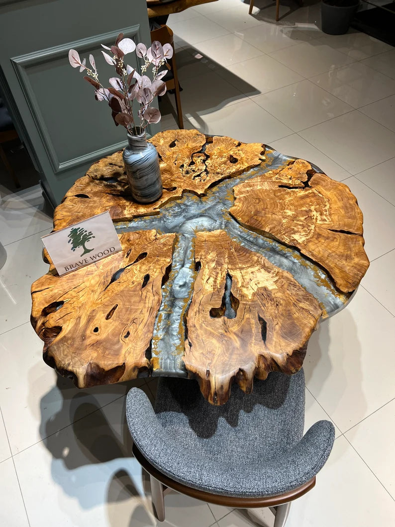 Round table, Olive wood epoxy table, Round olive table, Natural edge dining table, Epoxy table