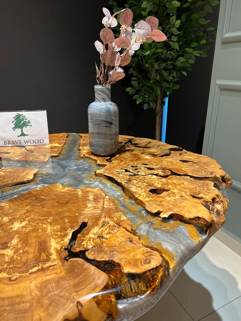 Round table, Olive wood epoxy table, Round olive table, Natural edge dining table, Epoxy table