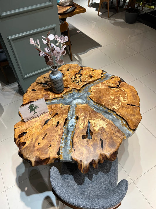 Round table, Olive wood epoxy table, Round olive table, Natural edge dining table, Epoxy table