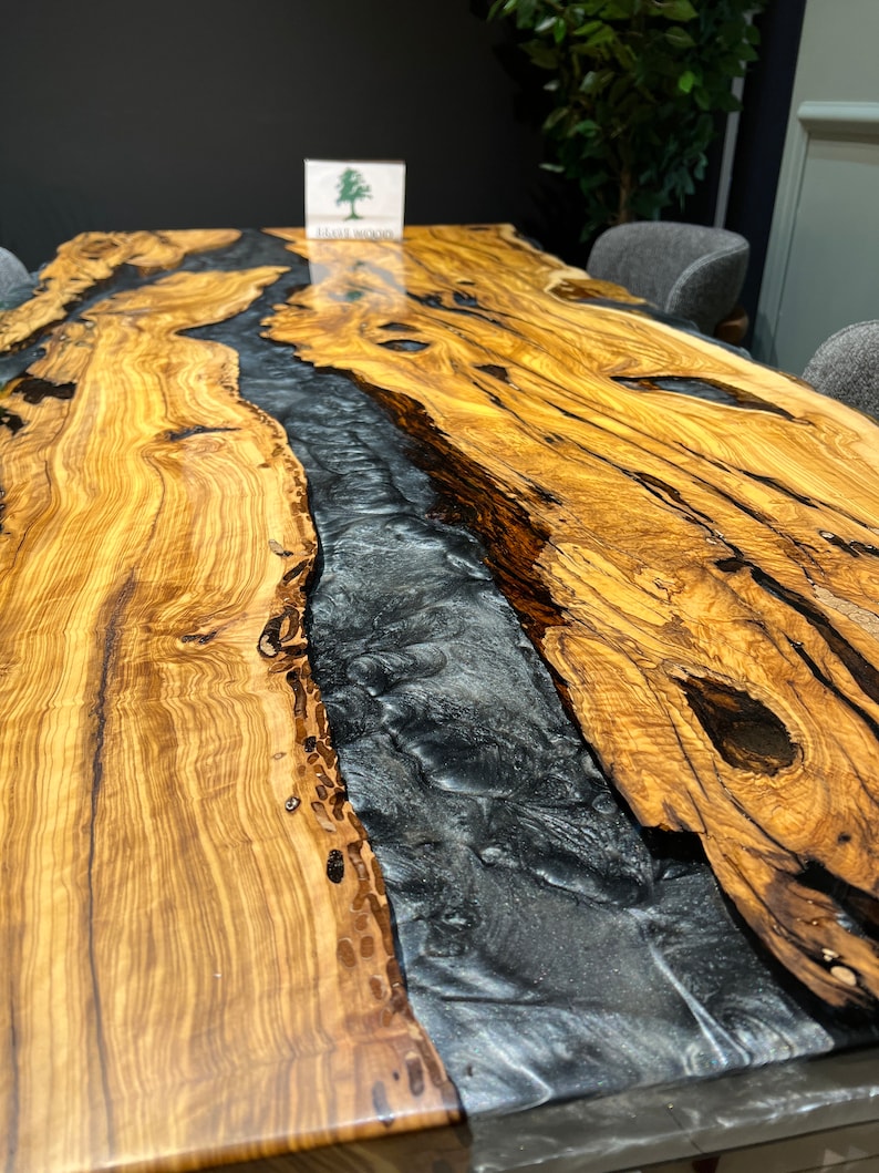 Custom live edge epoxy resin table, Dark gray metallic epoxy table, Dining room table, Epoxy table Living room table, Olive tree epoxy,Table