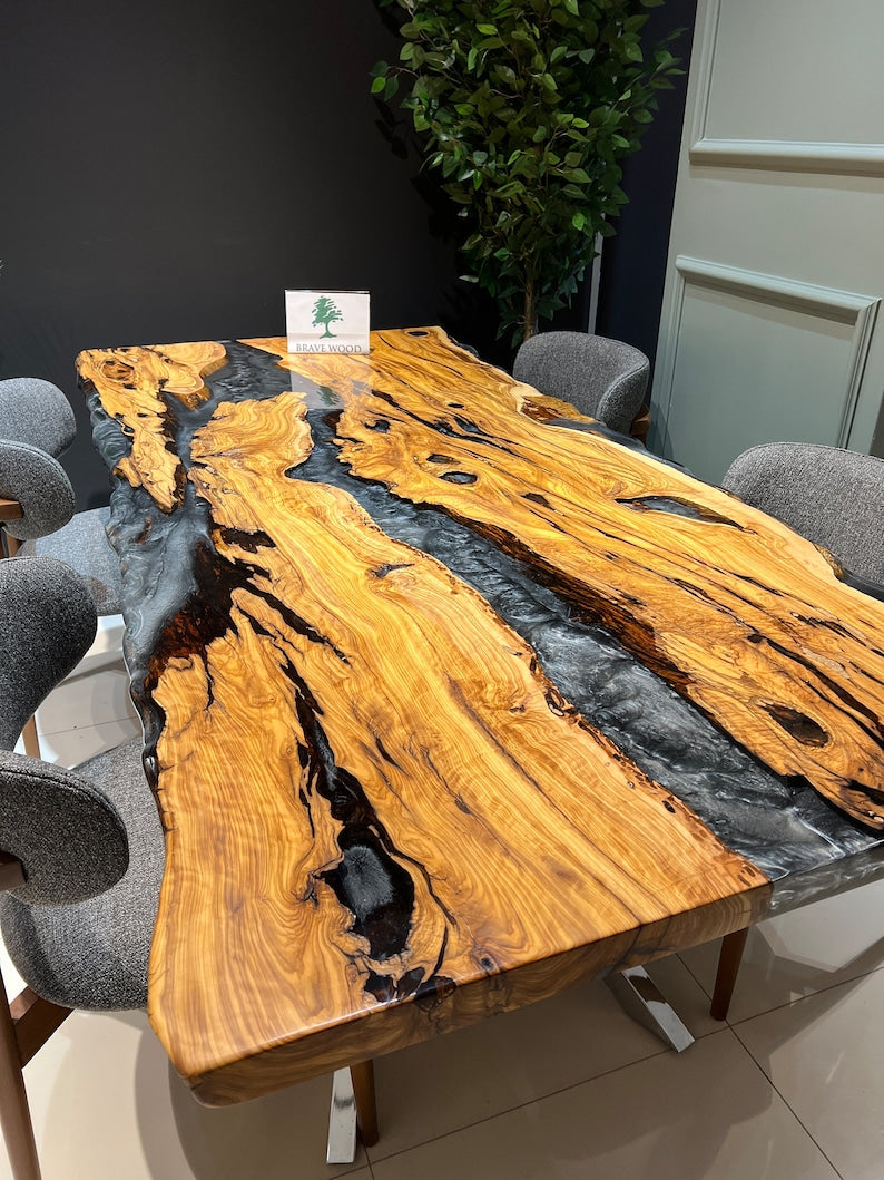 Custom live edge epoxy resin table, Dark gray metallic epoxy table, Dining room table, Epoxy table Living room table, Olive tree epoxy,Table