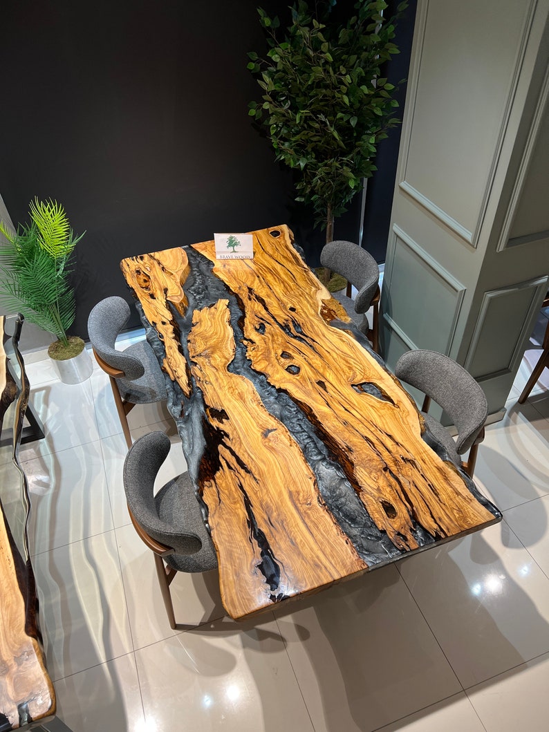 Custom live edge epoxy resin table, Dark gray metallic epoxy table, Dining room table, Epoxy table Living room table, Olive tree epoxy,Table