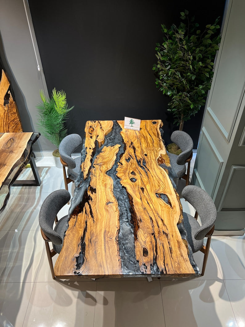 Custom live edge epoxy resin table, Dark gray metallic epoxy table, Dining room table, Epoxy table Living room table, Olive tree epoxy,Table