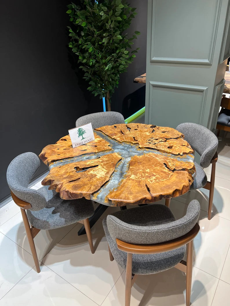 Round table, Olive wood epoxy table, Round olive table, Natural edge dining table, Epoxy table