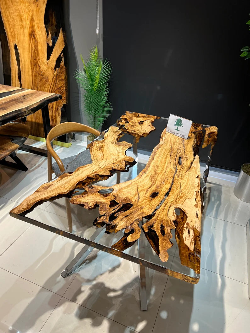 Clear epoxy, Epoxy olive table, Living room table, Custom live edge epoxy resin dining table, Clear epoxy, Dining room table