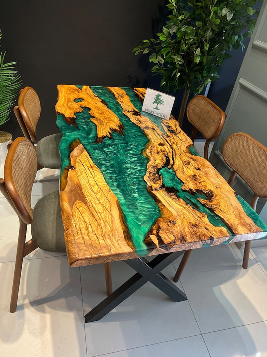 Emerald green epoxy,Epoxy olive table, Living room table, Custom live edge epoxy resin dining table, Color pigment epoxy, Dining room table