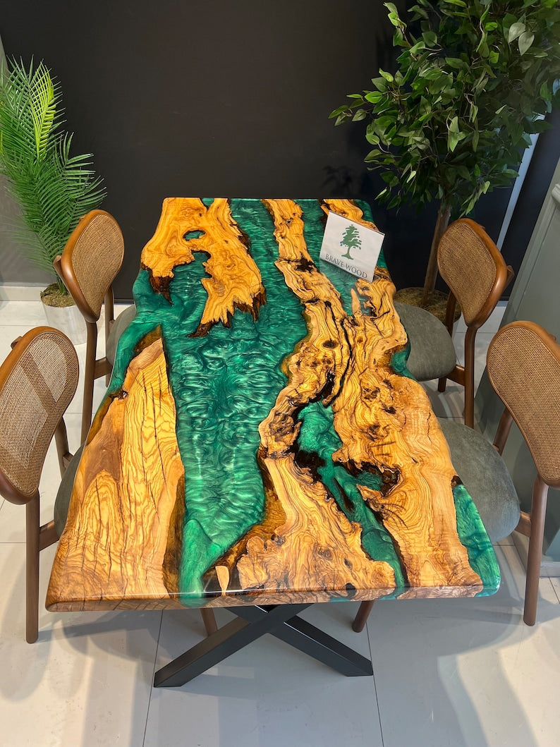 Emerald green epoxy,Epoxy olive table, Living room table, Custom live edge epoxy resin dining table, Color pigment epoxy, Dining room table