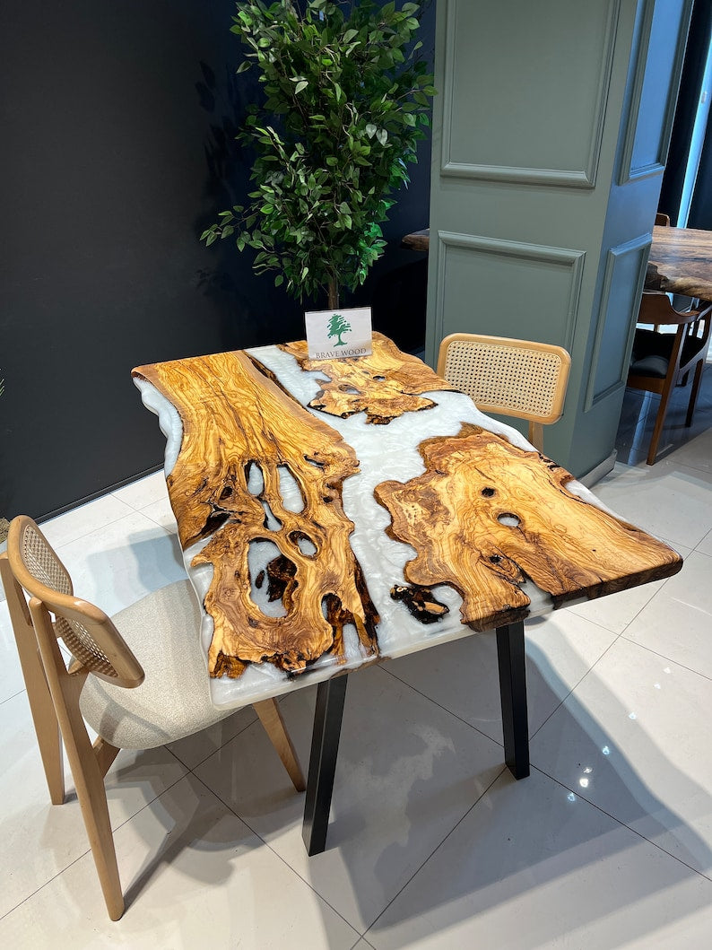 Pearl white epoxy, Epoxy olive table, Custom live edge epoxy resin dining table, Color pigment epoxy, Dining room table