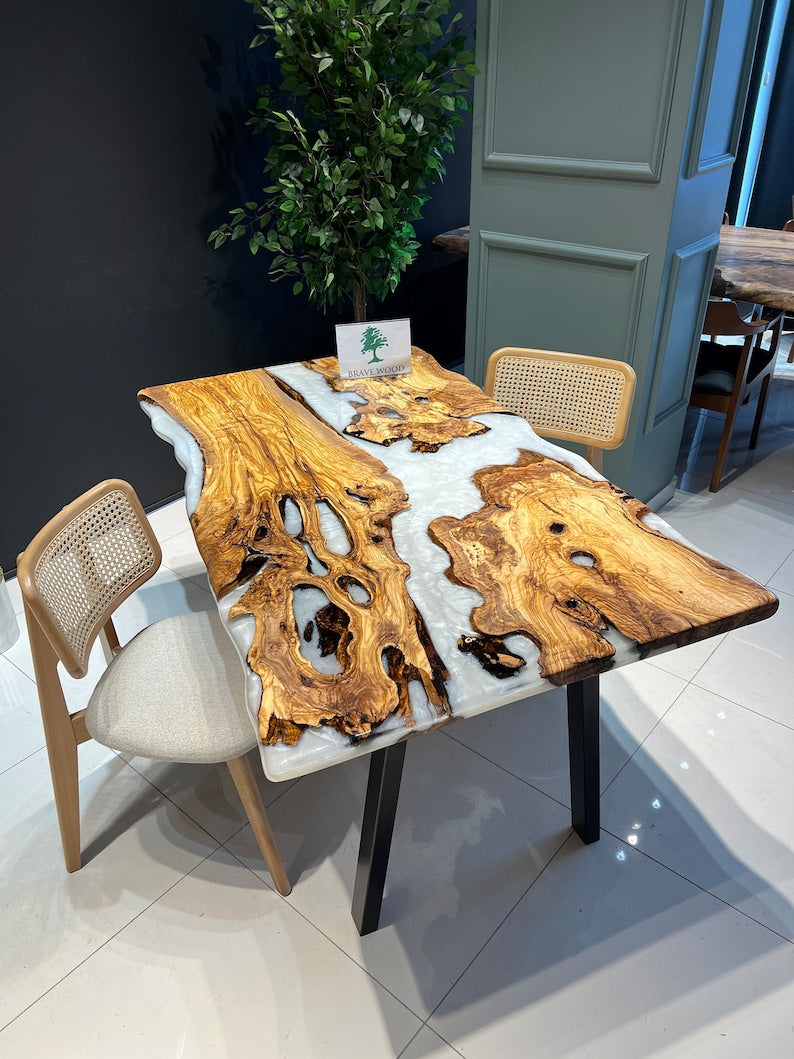 Pearl white epoxy, Epoxy olive table, Custom live edge epoxy resin dining table, Color pigment epoxy, Dining room table