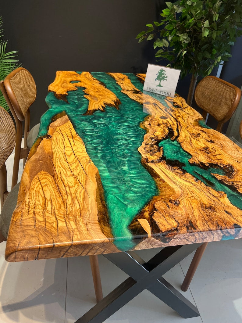 Emerald green epoxy,Epoxy olive table, Living room table, Custom live edge epoxy resin dining table, Color pigment epoxy, Dining room table