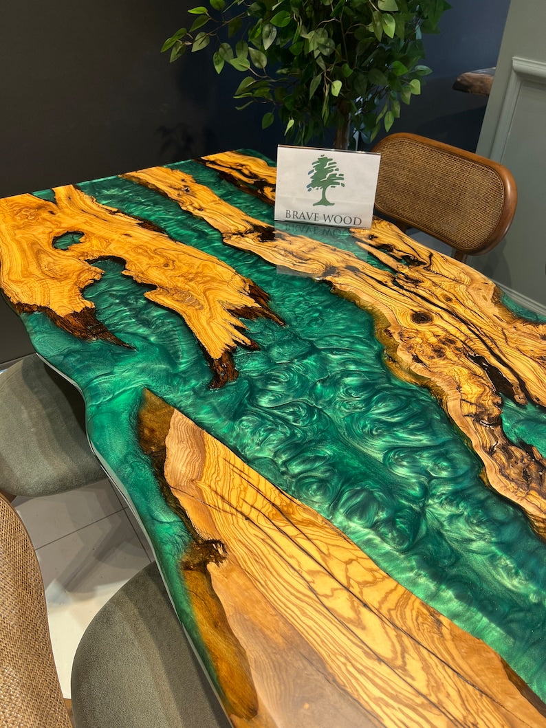 Emerald green epoxy,Epoxy olive table, Living room table, Custom live edge epoxy resin dining table, Color pigment epoxy, Dining room table