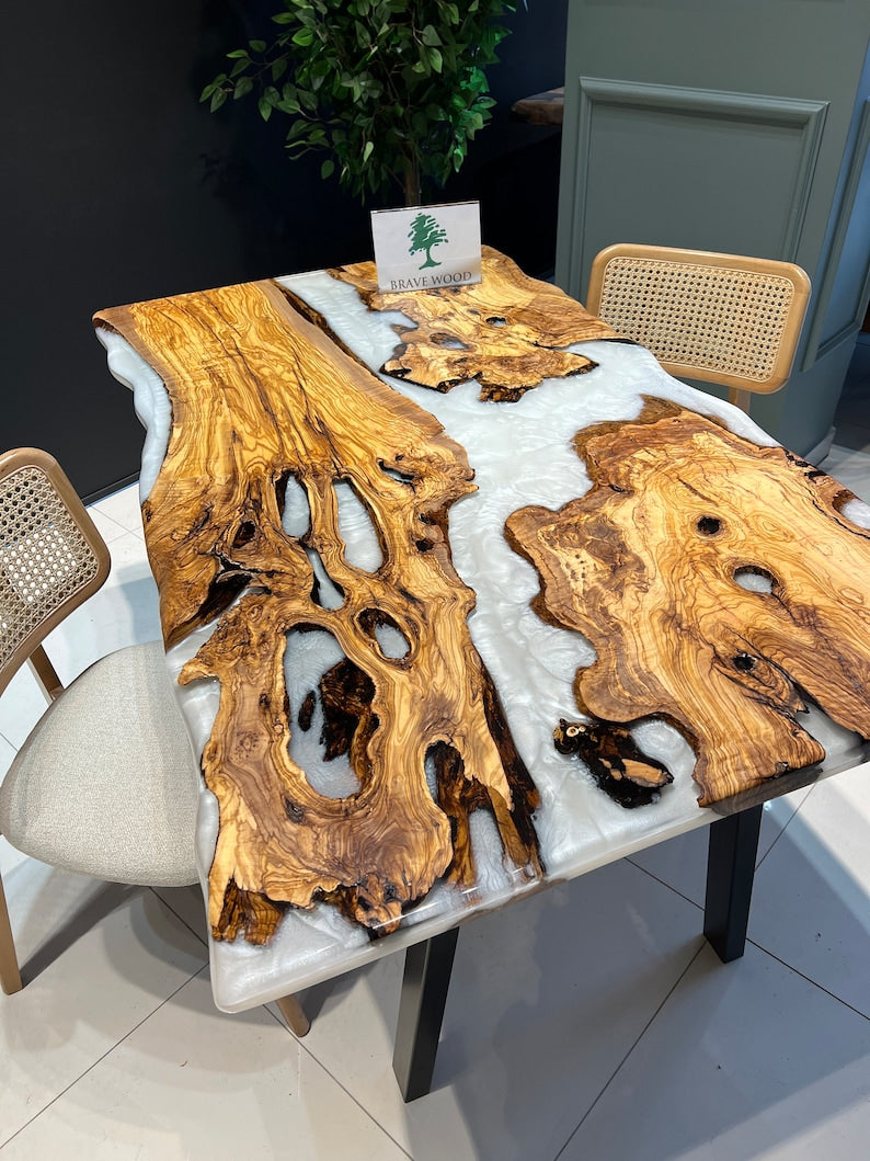 Pearl white epoxy, Epoxy olive table, Custom live edge epoxy resin dining table, Color pigment epoxy, Dining room table